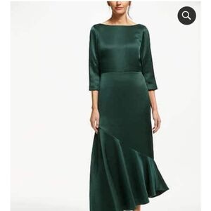 BODEN REBECCA SATIN MIDI DRESS, GREEN ASYMMETRICAL HEMLINE SIZE US 8P NWT